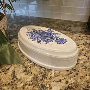 Vintage Atlantic Mold Blue & White 10"x6" Handpainted Floral Ceramic Trinket Box